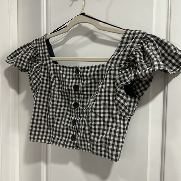 Urban Outfitters Gingham Button Down Ruffle Cap Sleeve Top - Picture 5 of 8